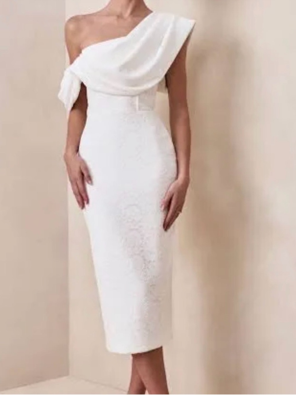 Club L London White One-Shoulder Drape Midi Dress